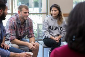 Tactical Recovery Program; Mid adult male veterans discusses war experiences during a support group meeting for veterans.