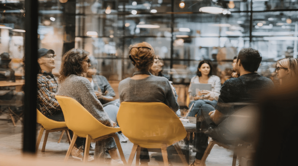 A group of people talking.